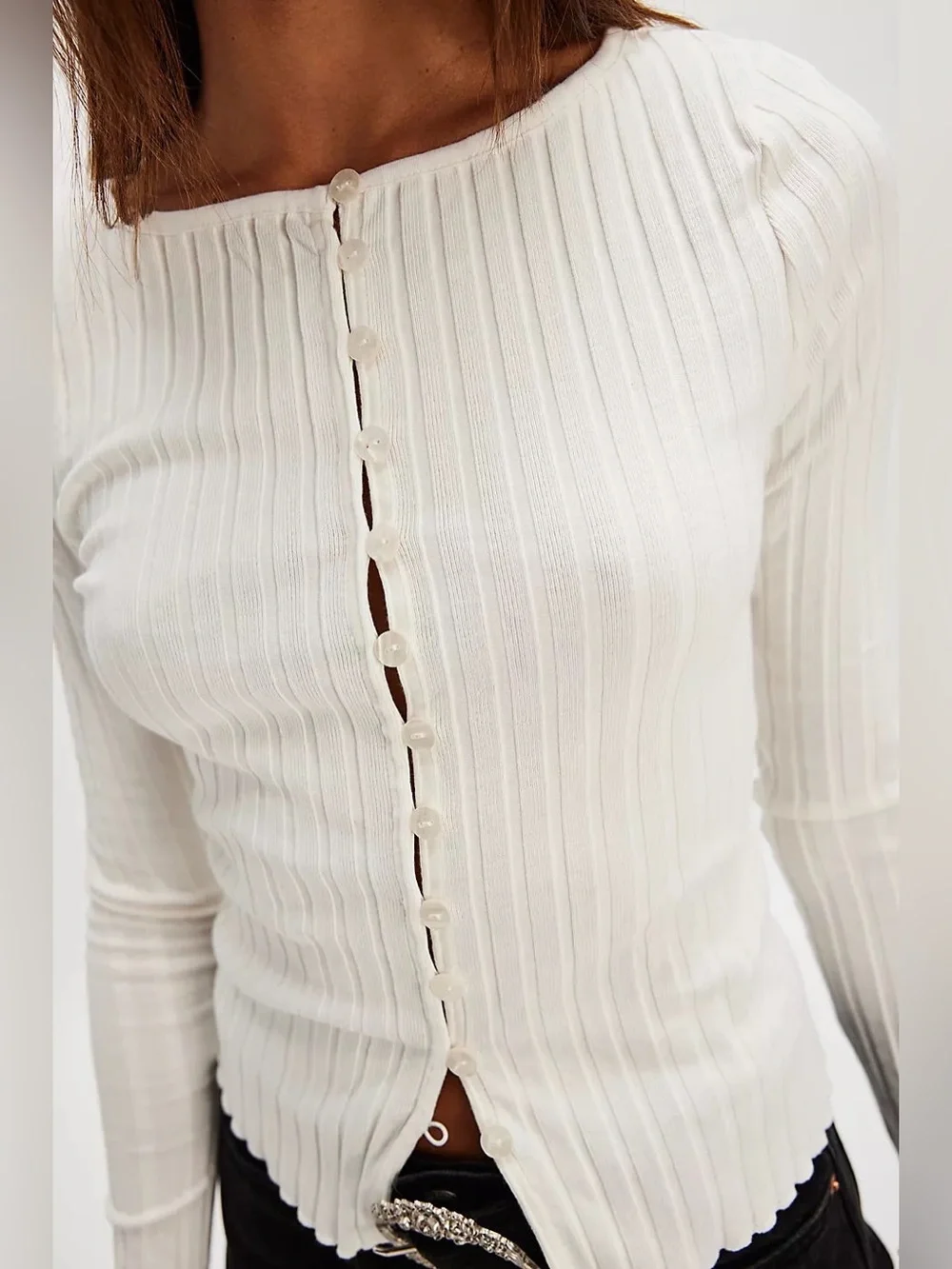 Free People Cream Ribbed Button-Front Long Sleeve Tee